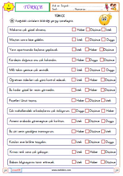 2. Sınıf Türkçe Duygu, Düşünce, Haber ve İstek cümleleri  Etkinliği